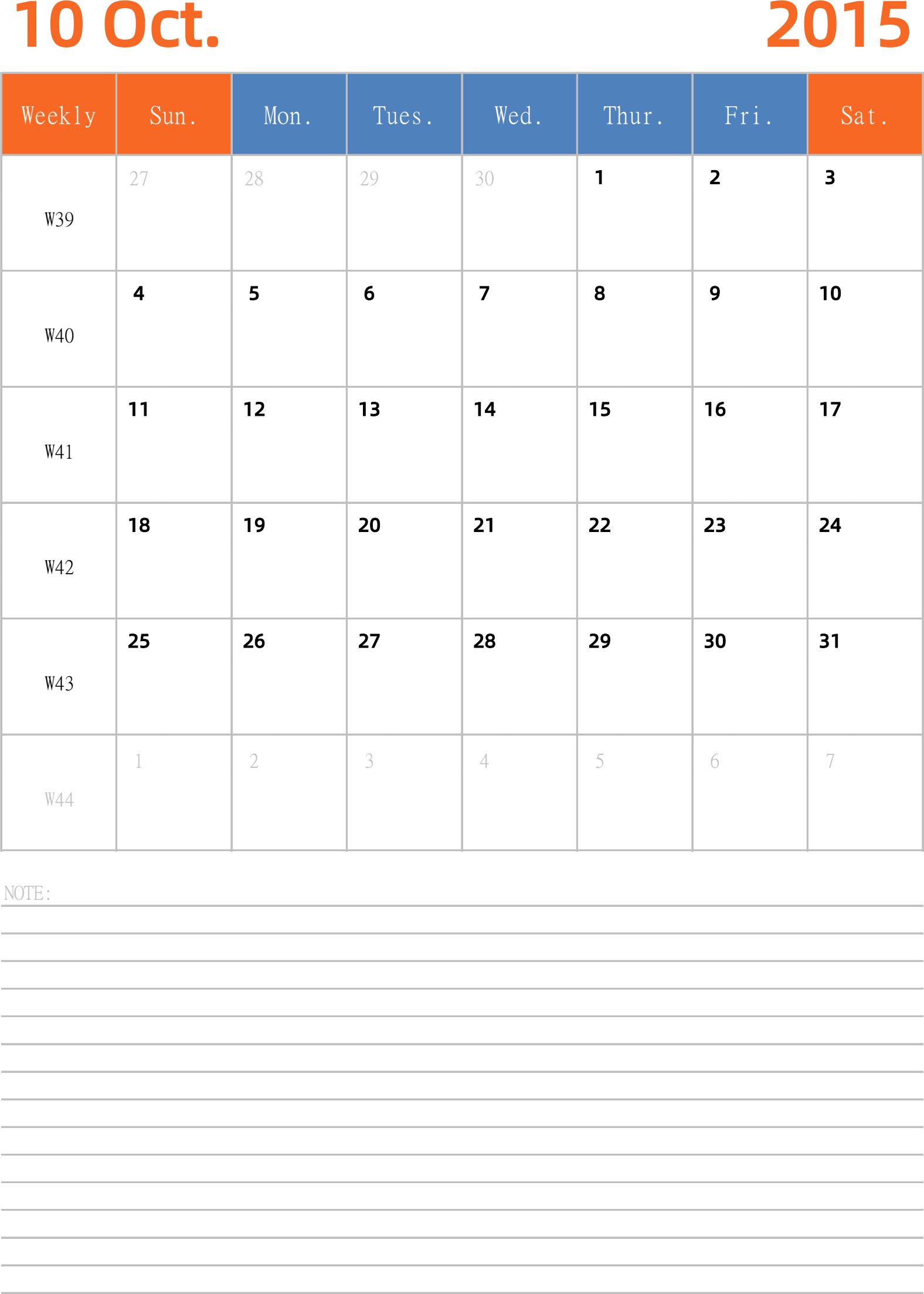 日历表2015年日历 英文版 纵向排版 周日开始 带周数